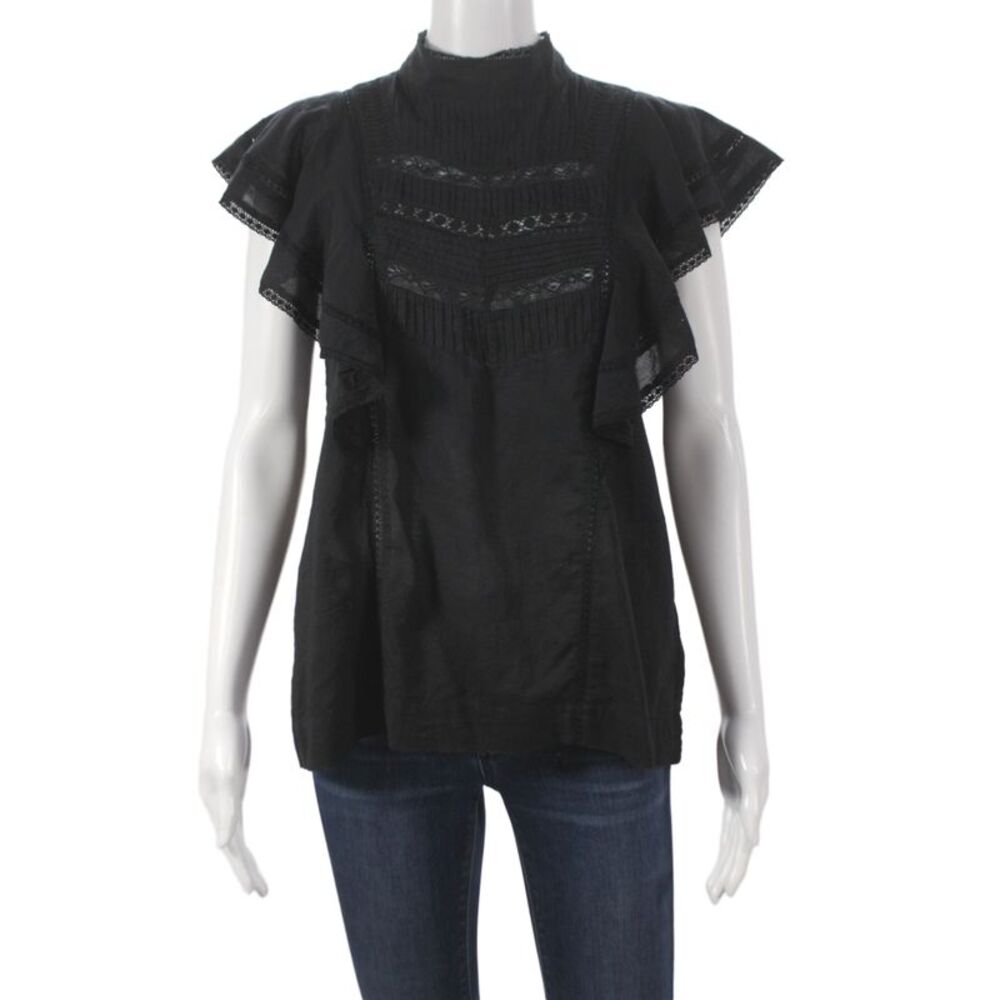 Hartford Women Black Wool Cotton Sequin High Neck Short Sleeve Blouse Size 1